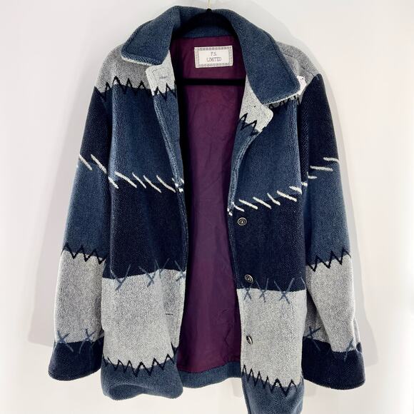 Vintage women's fleece striped satin lined coat double breasted blue grey size L - Picture 8 of 10